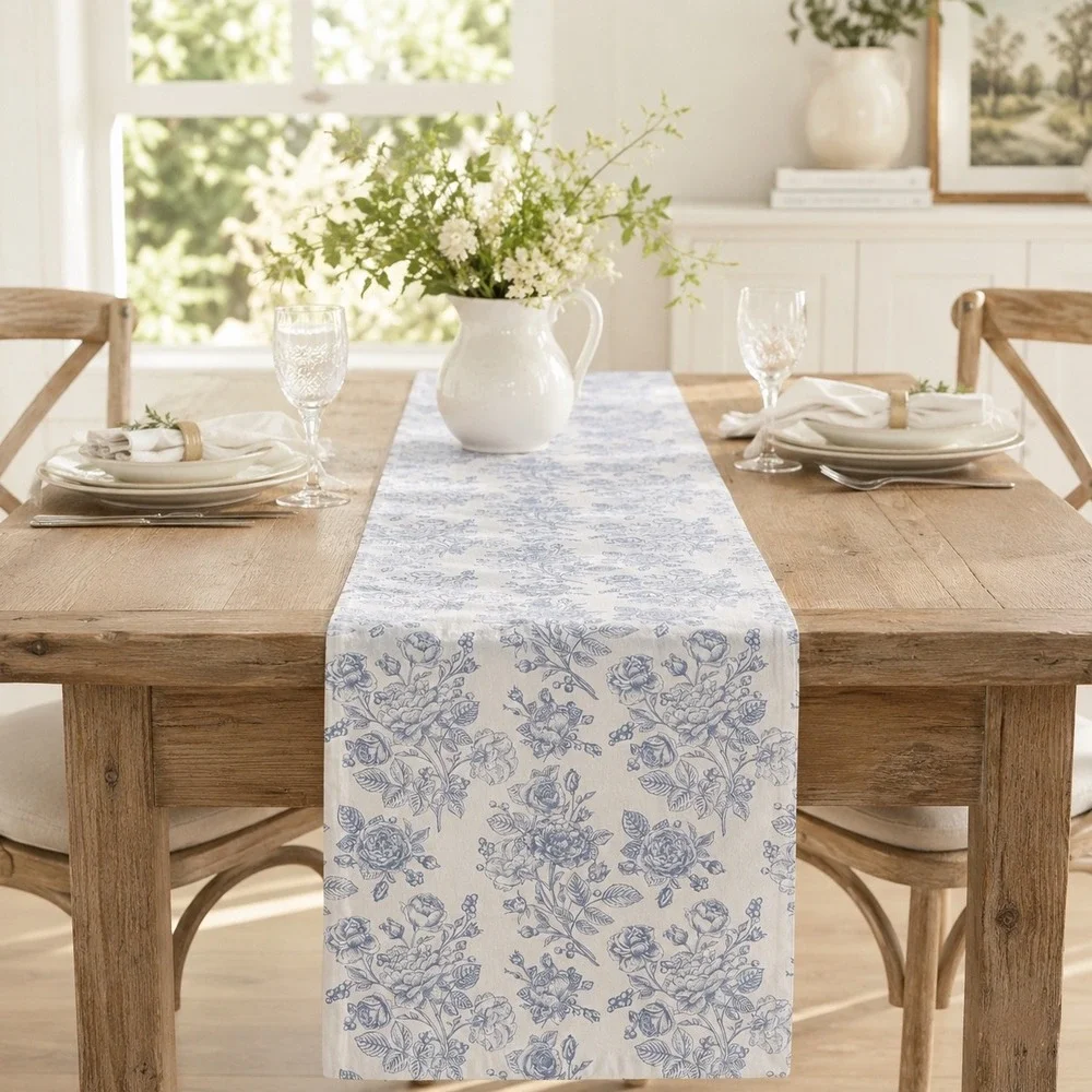 My Texas House Caminero Blue Floral Cotton Table Runner Reversible 14x90 New